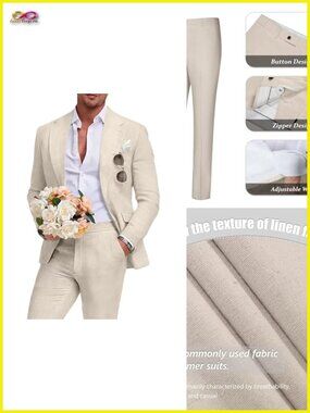 Men's 2 Piece Linen Suit Slim Fit Blazer and Pants Set